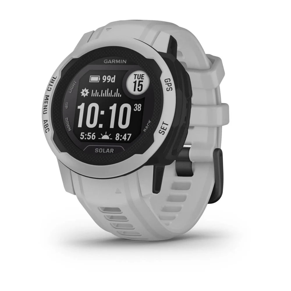 Garmin Instinct 2S Solar smartwatch displayed at an angle, featuring a round black face with white accents, showing the time and various metrics on the screen.