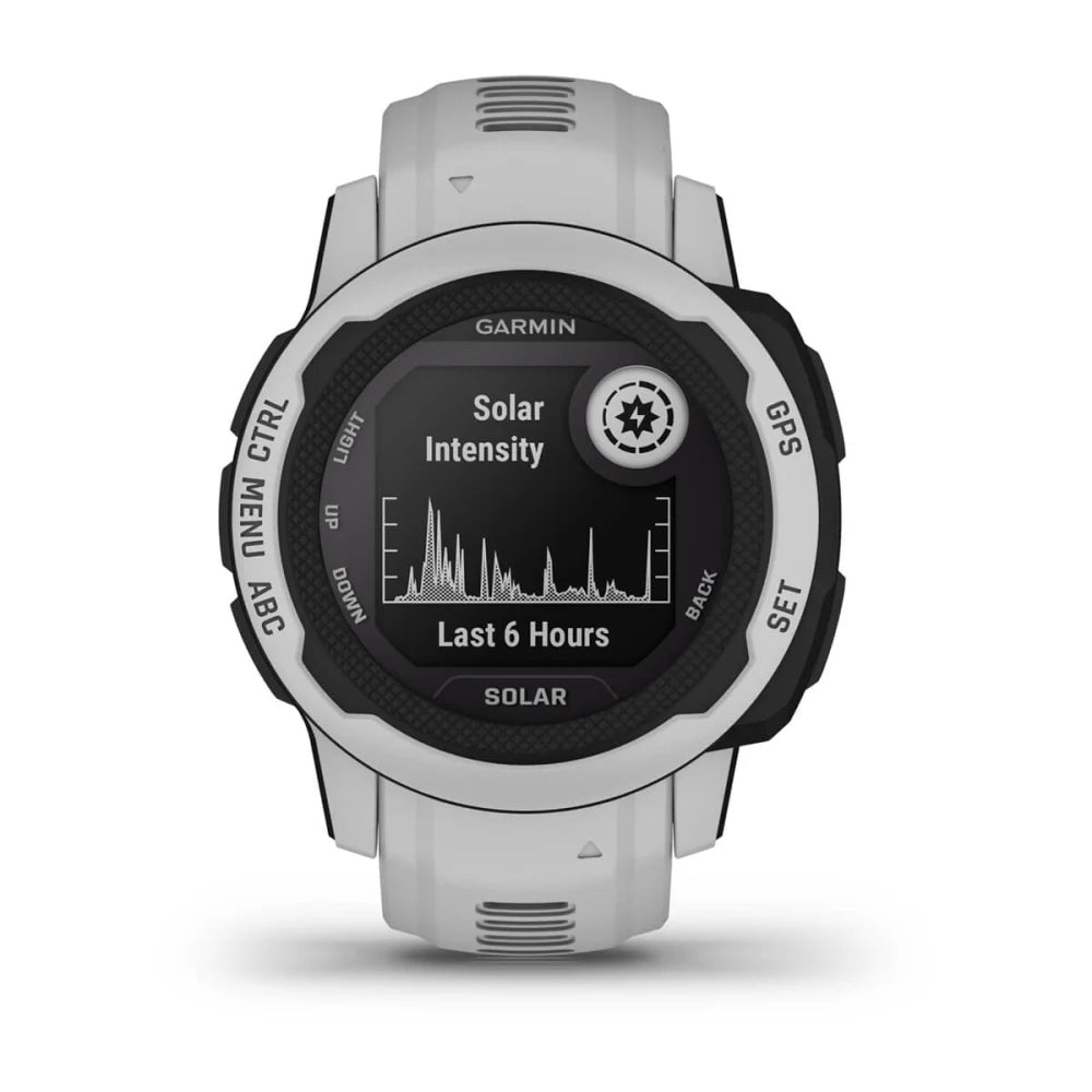 Garmin Instinct 2S Solar smartwatch displaying solar intensity data for the last 6 hours.