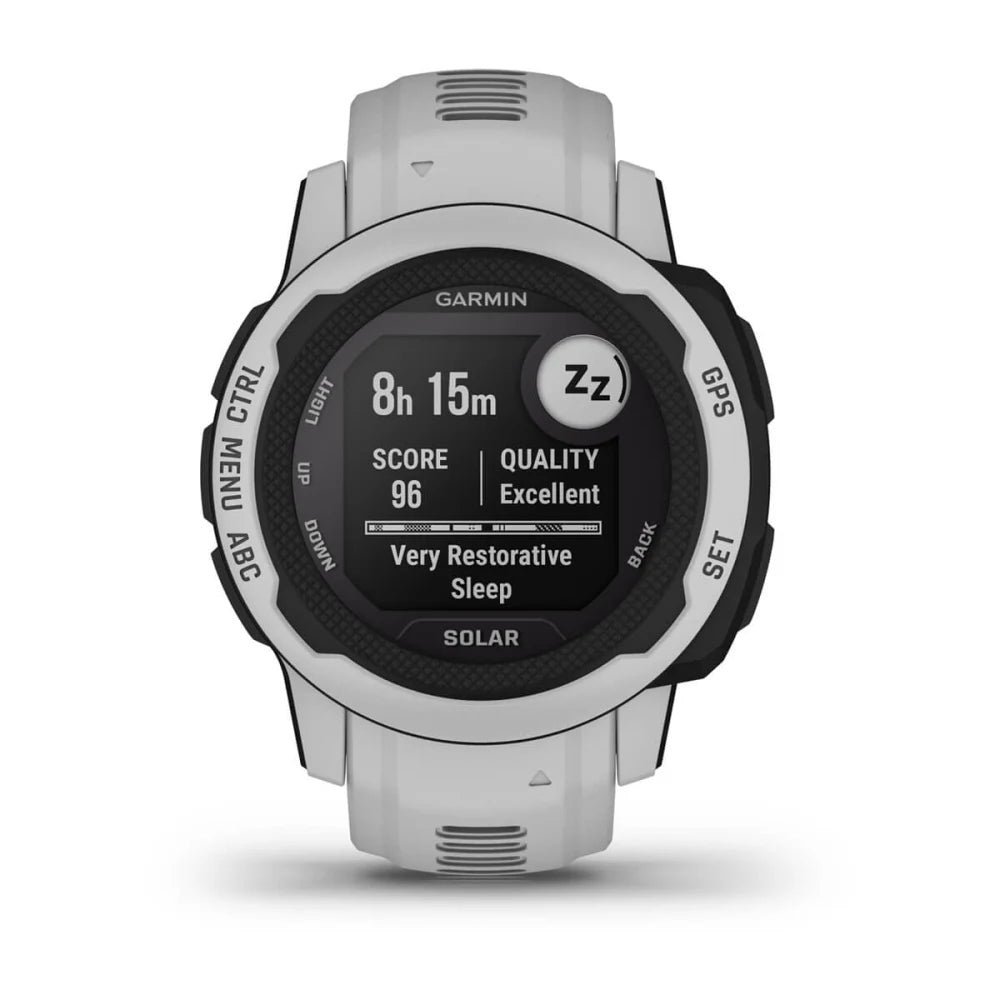 Garmin Instinct 2S Solar smartwatch displaying sleep data with a score of 96 and a quality rating of Excellent.