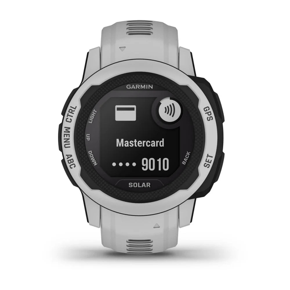 Garmin Instinct 2S Solar smartwatch displaying a Mastercard payment option on its screen.