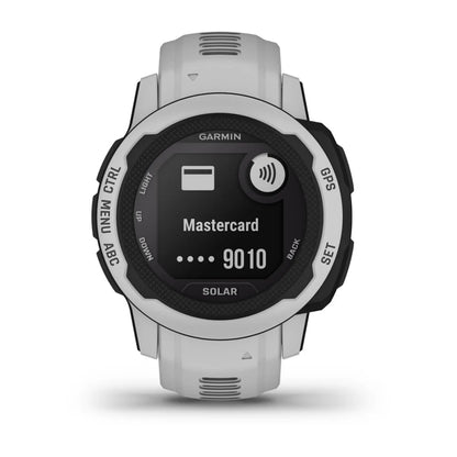 Garmin Instinct 2S Solar smartwatch displaying a Mastercard payment option on its screen.