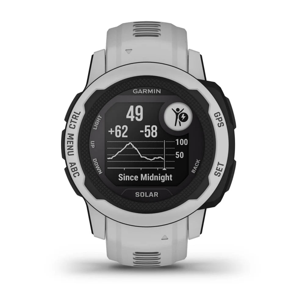 Garmin Instinct 2S Solar smartwatch displaying various metrics including heart rate and a graph since midnight.