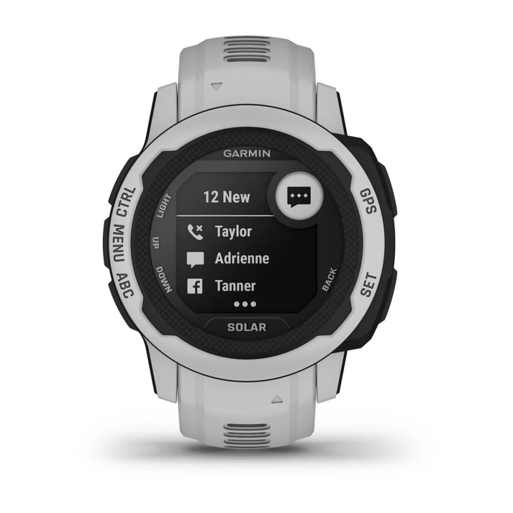 Garmin Instinct 2S Solar smartwatch displaying notifications and contacts on its screen.
