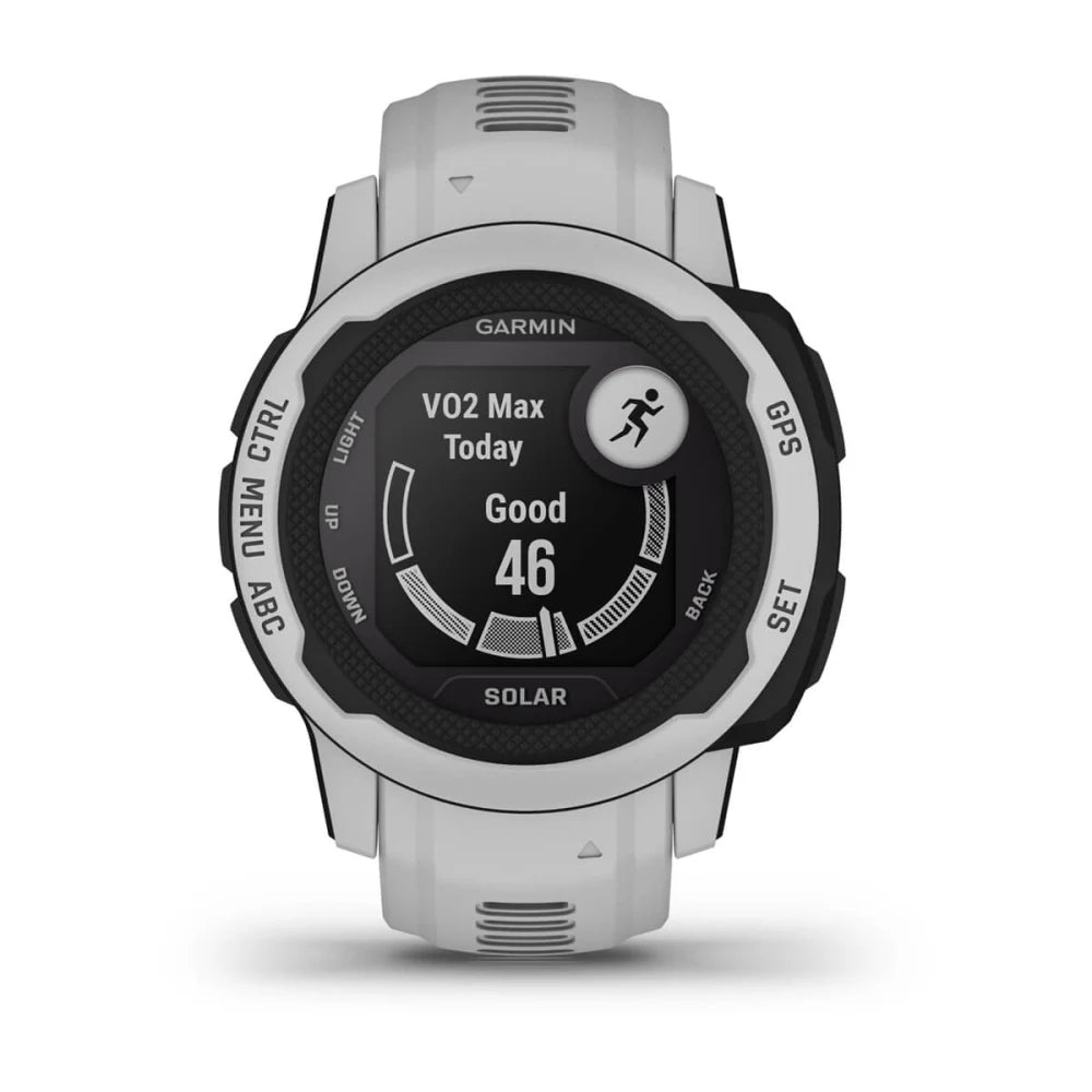 Garmin Instinct 2S Solar watch displaying VO2 Max measurement of 46 with a black and white design.