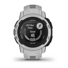 Garmin Instinct 2S Solar watch displaying VO2 Max measurement of 46 with a black and white design.