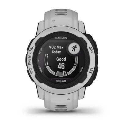 Garmin Instinct 2S Solar watch displaying VO2 Max measurement of 46 with a black and white design.