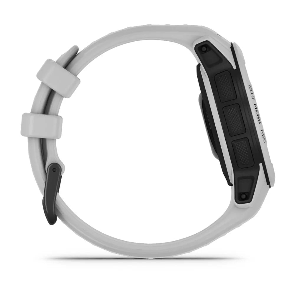 Side view of the Garmin Instinct 2S Solar smartwatch featuring a white strap and black buttons.