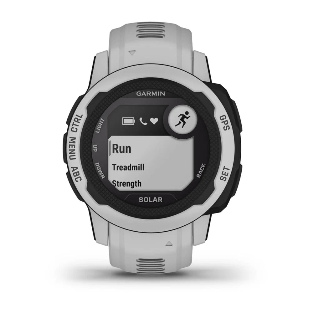 Garmin Instinct 2S Solar smartwatch displaying workout options including Run, Treadmill, and Strength.
