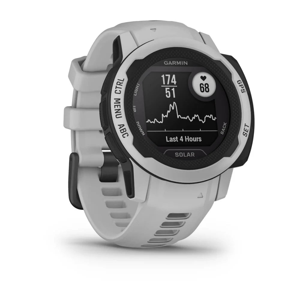 Garmin Instinct 2S Solar smartwatch displaying heart rate and activity data on a black screen with a white and black strap.