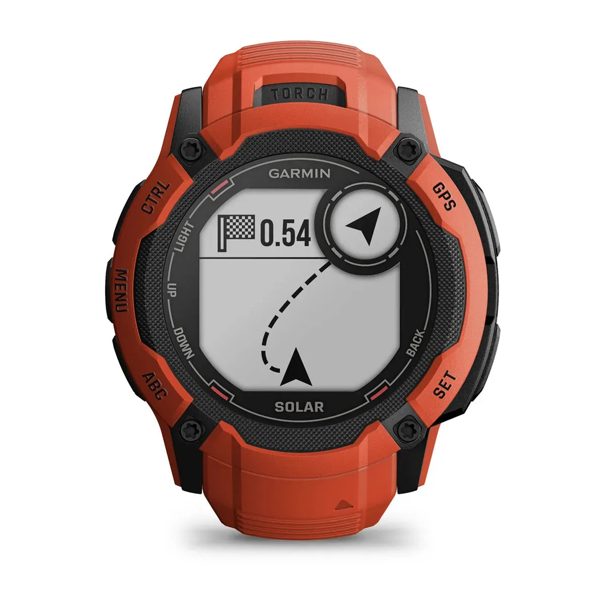 Garmin Instinct 2X Solar Flame Red – straight-on dial hero on wrist strap