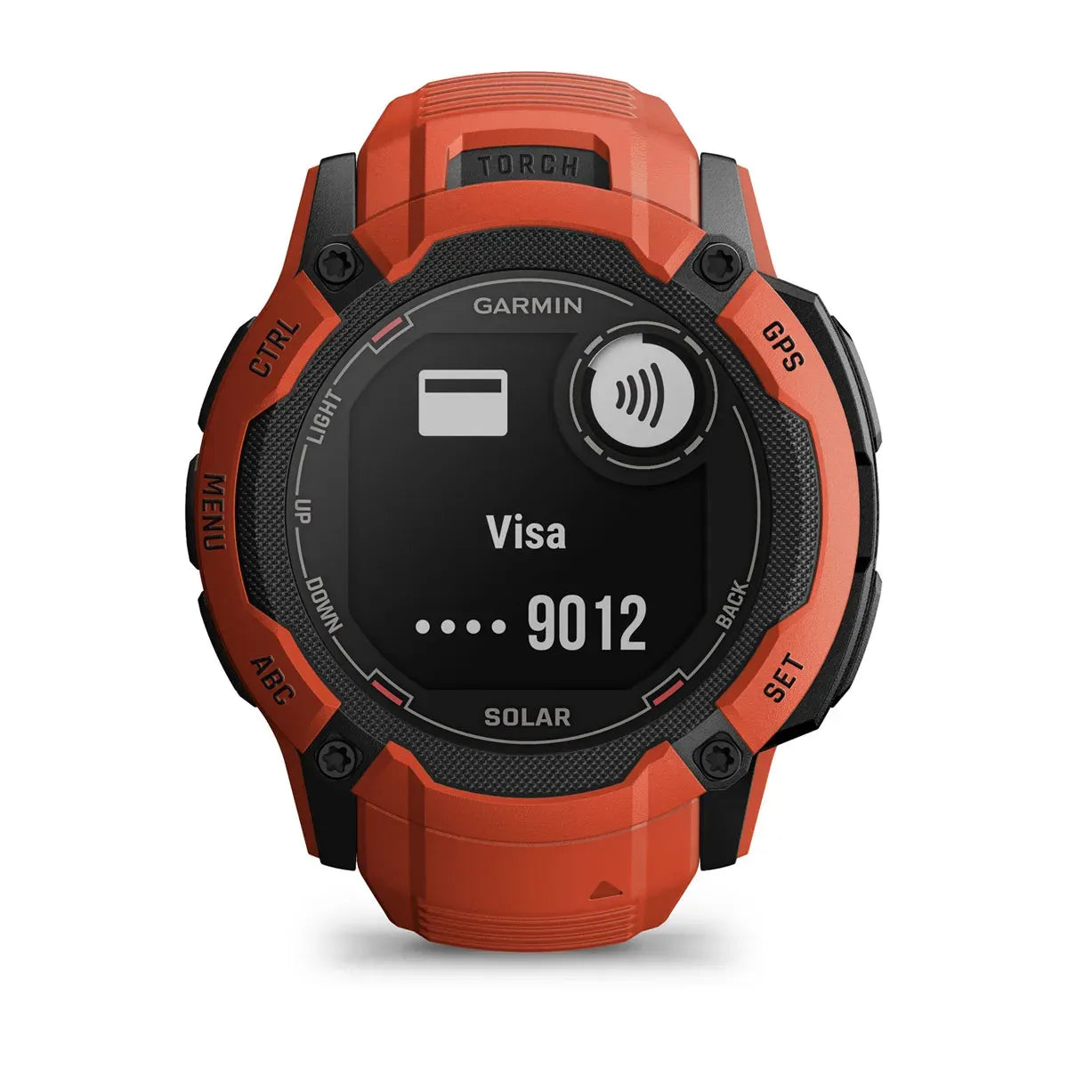 Garmin Instinct 2X Solar Flame Red – backlit display/flashlight feature close-up