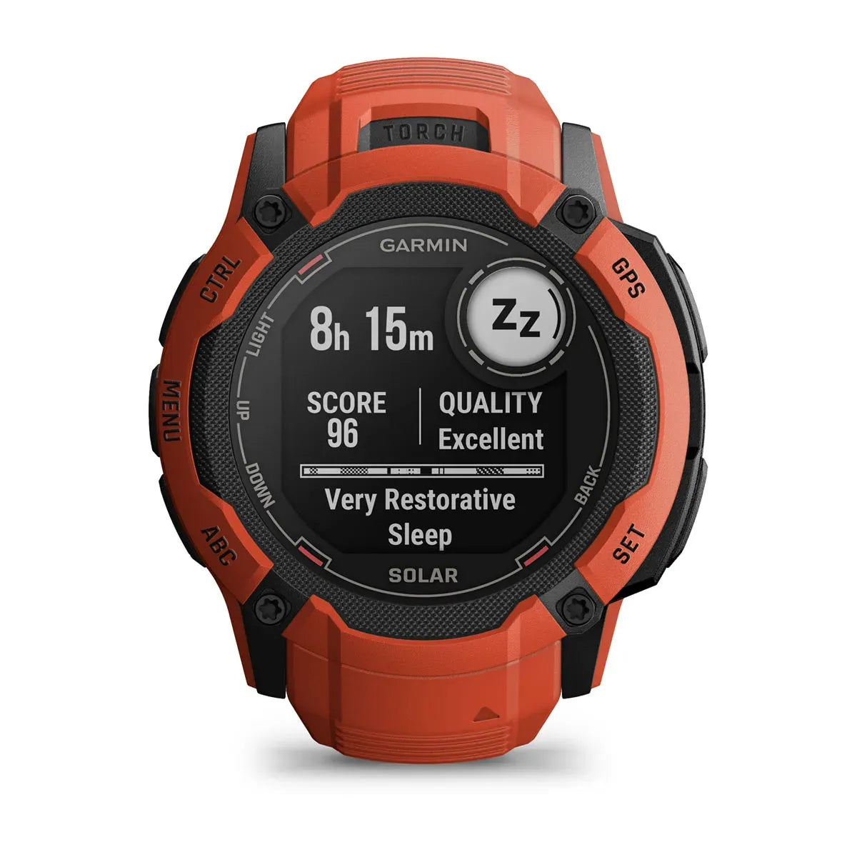 Garmin Instinct 2X Solar Flame Red – top-down view of bezel and strap