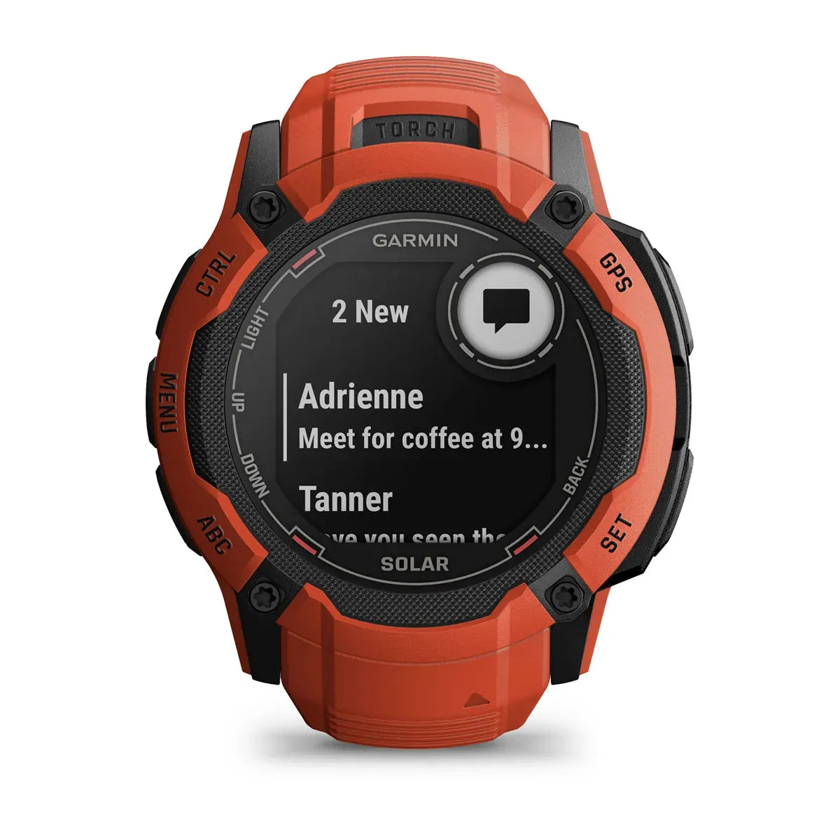 Garmin Instinct 2X Solar Flame Red – angled dial showing ABC data fields