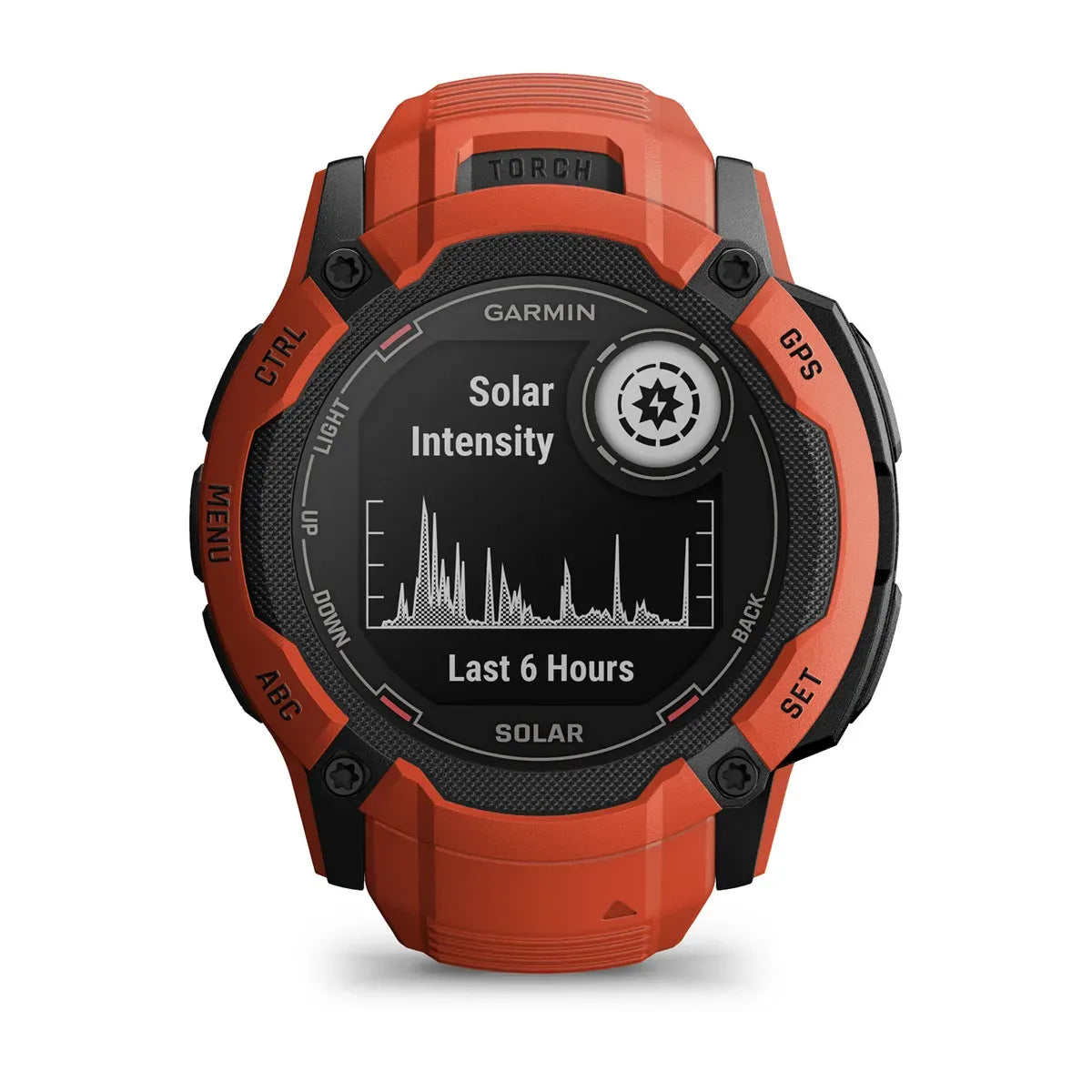 Garmin Instinct 2X Solar Flame Red – rear case engraving and ports detail