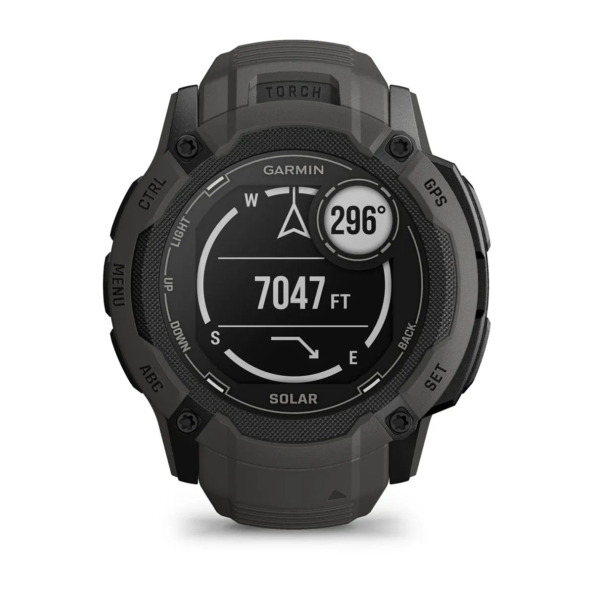 Garmin Instinct 2X Solar Graphite – top-down bezel and lug view