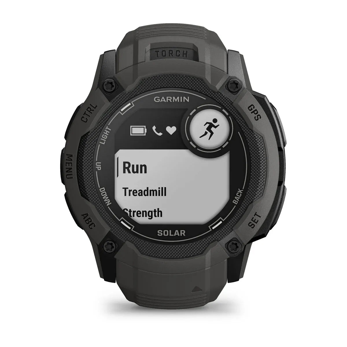 Garmin Instinct 2X Solar Graphite – angled dial showing metrics