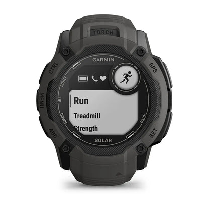 Garmin Instinct 2X Solar Graphite – angled dial showing metrics