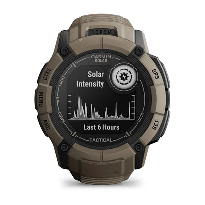 Garmin Instinct 2X Solar Tactical Coyote Tan – straight-on dial with metrics