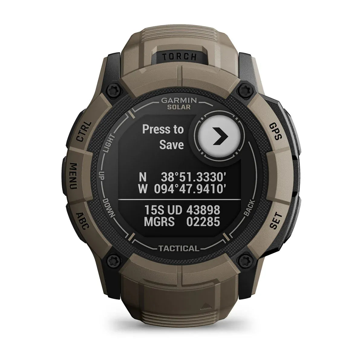 Garmin Instinct 2X Solar Tactical Coyote Tan – top view of bezel and lugs