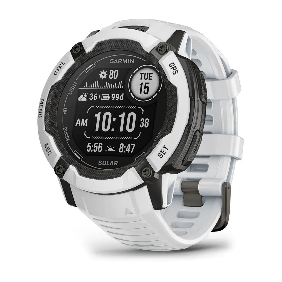 Garmin Instinct 2X Solar Whitestone – rear sensor and charging ring close-up