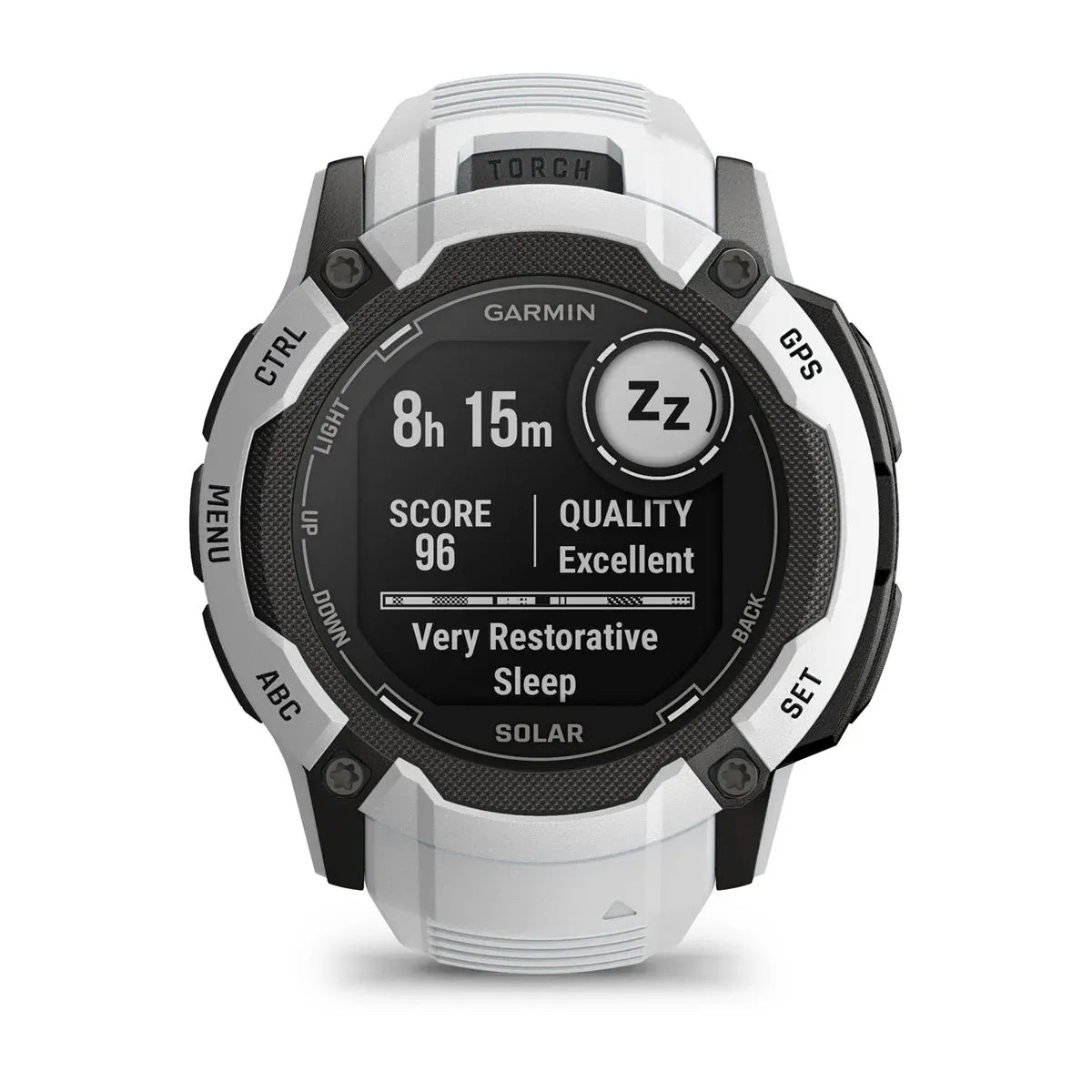 Garmin Instinct 2X Solar Whitestone – angled dial showing metrics