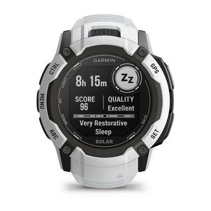 Garmin Instinct 2X Solar Whitestone – angled dial showing metrics