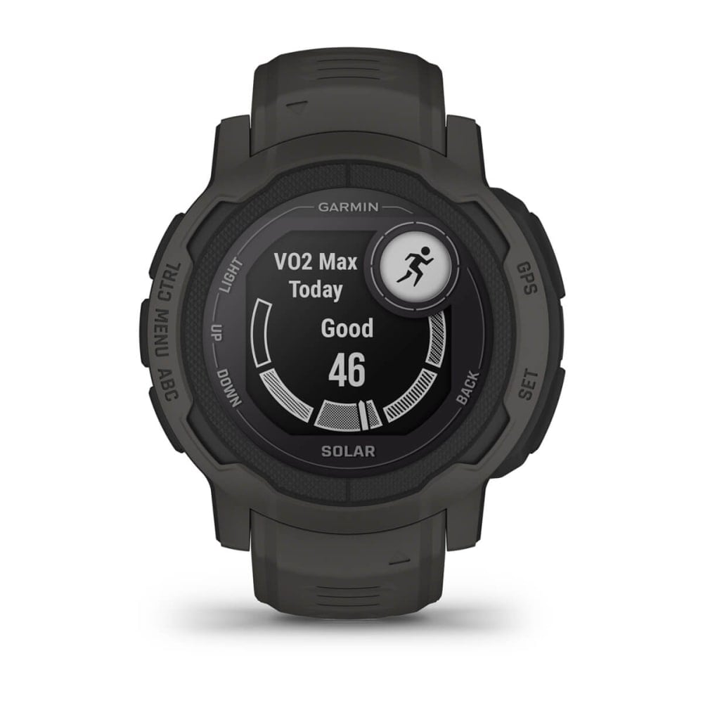 Garmin Instinct 2 Solar smartwatch displaying VO2 Max data with a score of 46 and the label 'Good' on its screen.