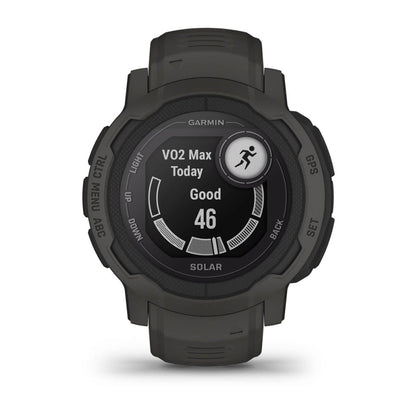 Garmin Instinct 2 Solar smartwatch displaying VO2 Max data with a score of 46 and the label 'Good' on its screen.