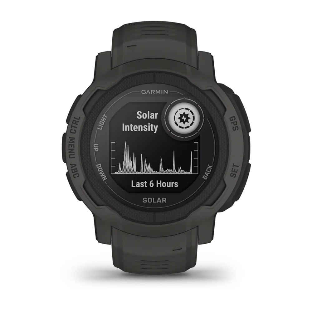 Garmin Instinct 2 Solar smartwatch displaying solar intensity data for the last six hours.