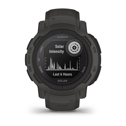Garmin Instinct 2 Solar smartwatch displaying solar intensity data for the last six hours.