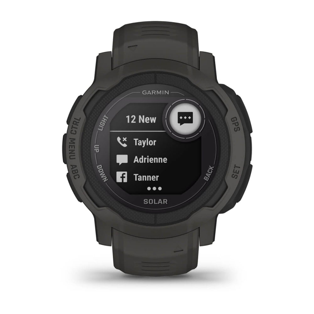 Garmin Instinct 2 Solar smartwatch displaying notifications with a black and green design.