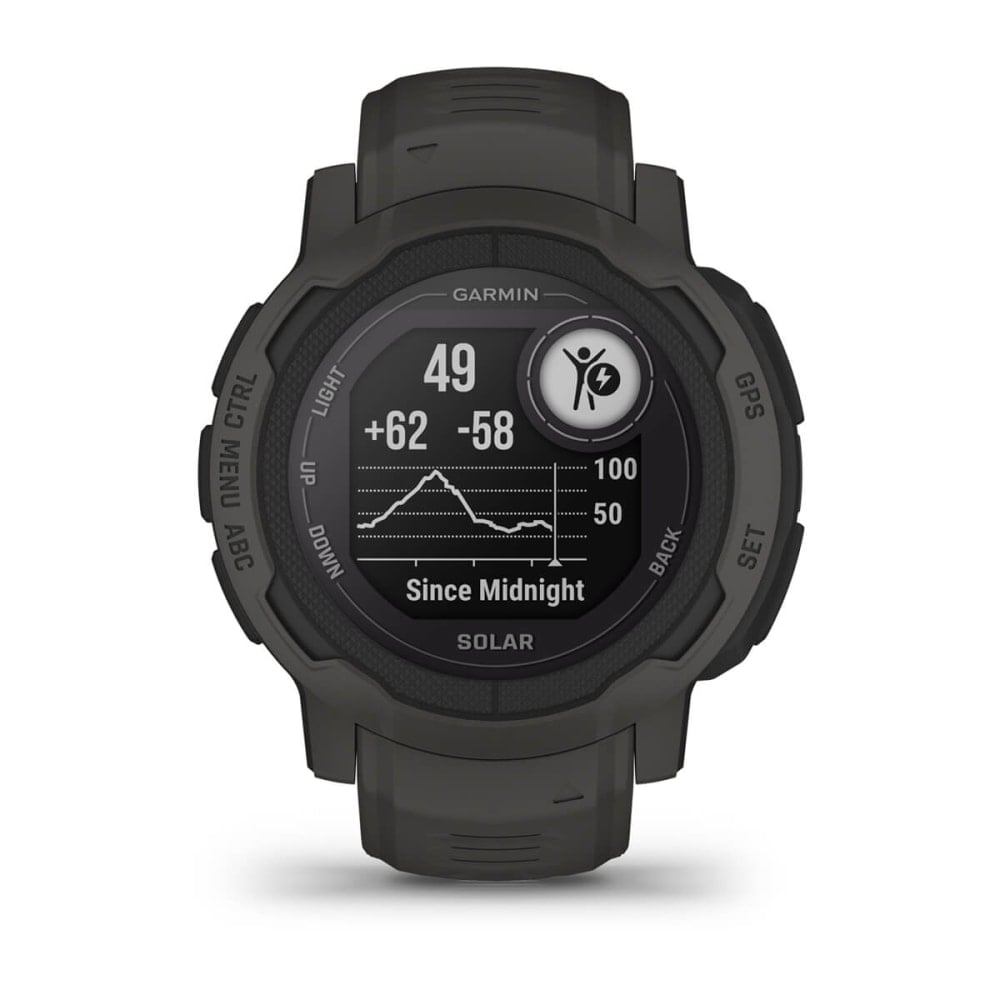 Garmin Instinct 2 Solar smartwatch displaying health metrics and a graph since midnight.