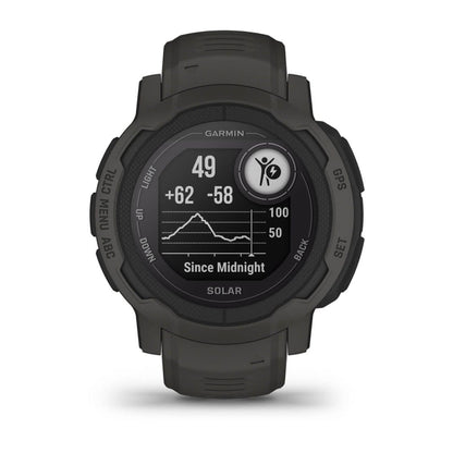 Garmin Instinct 2 Solar smartwatch displaying health metrics and a graph since midnight.
