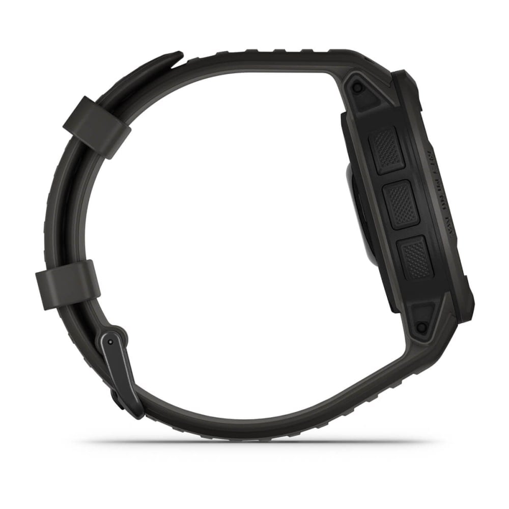Side view of the Garmin Instinct 2 Solar smartwatch in green, showcasing its rugged design and buttons.