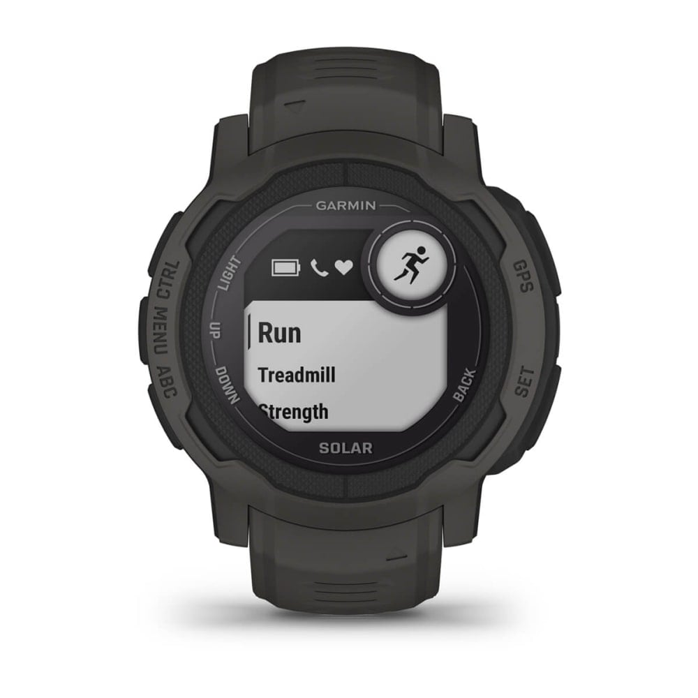 Garmin Instinct 2 Solar smartwatch displaying workout options including Run, Treadmill, and Strength.