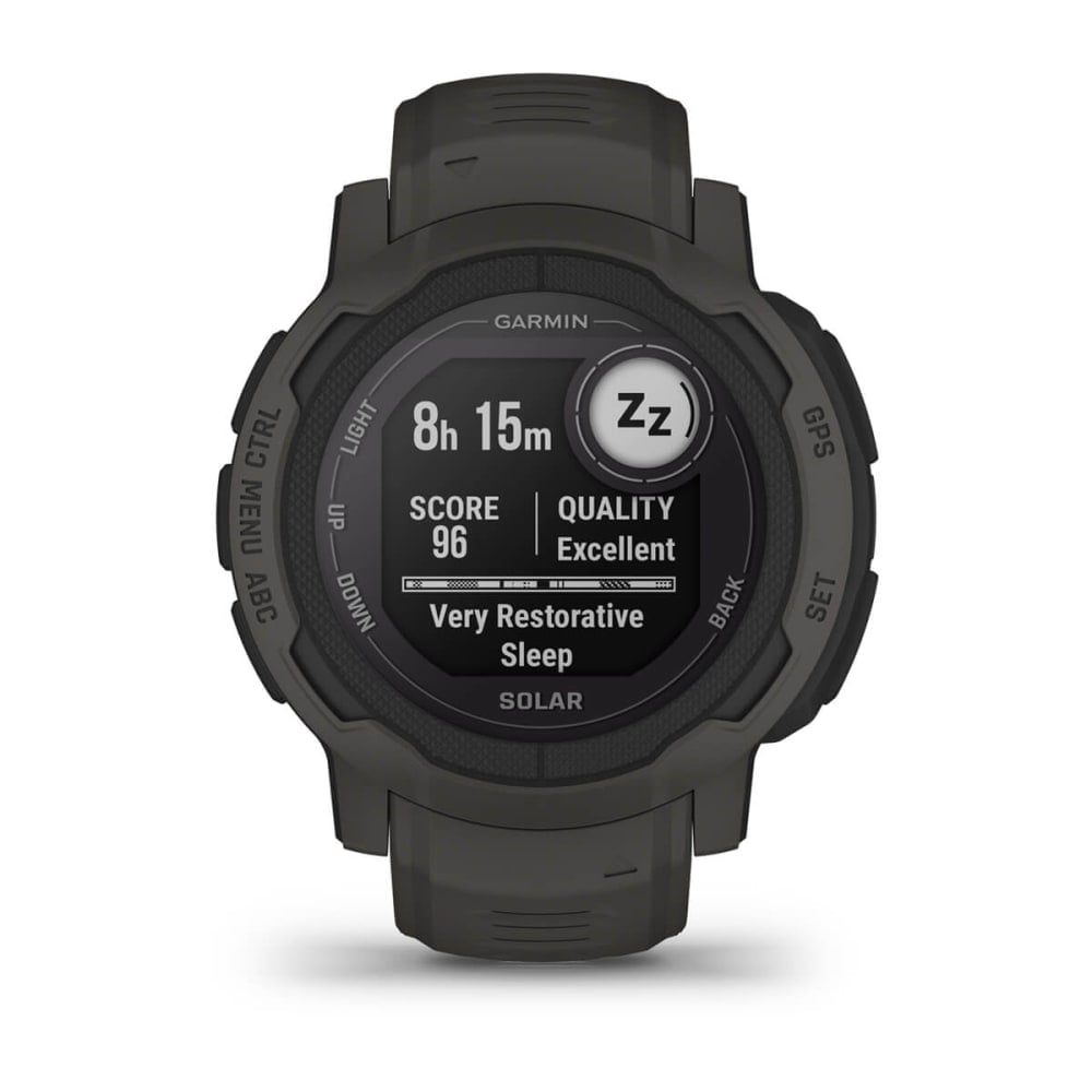 Garmin Instinct 2 Solar smartwatch displaying sleep metrics, including a score of 96 and a quality rating of Excellent.