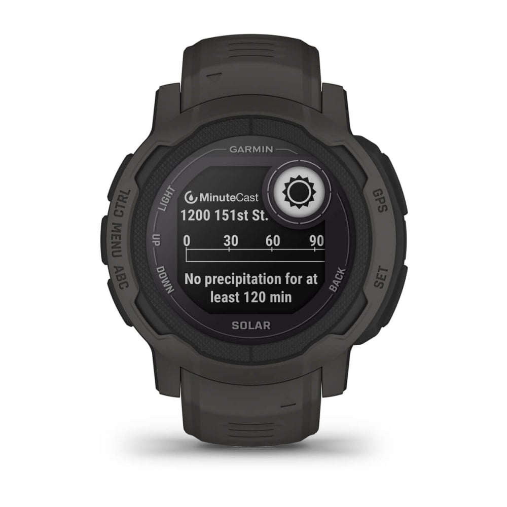 Garmin Instinct 2 Solar smartwatch displaying MinuteCast weather information with a forecast of no precipitation for at least 120 minutes.