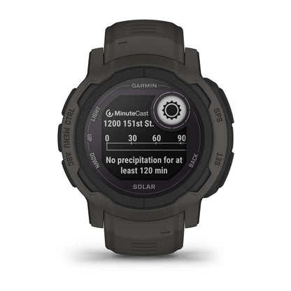 Garmin Instinct 2 Solar smartwatch displaying MinuteCast weather information with a forecast of no precipitation for at least 120 minutes.