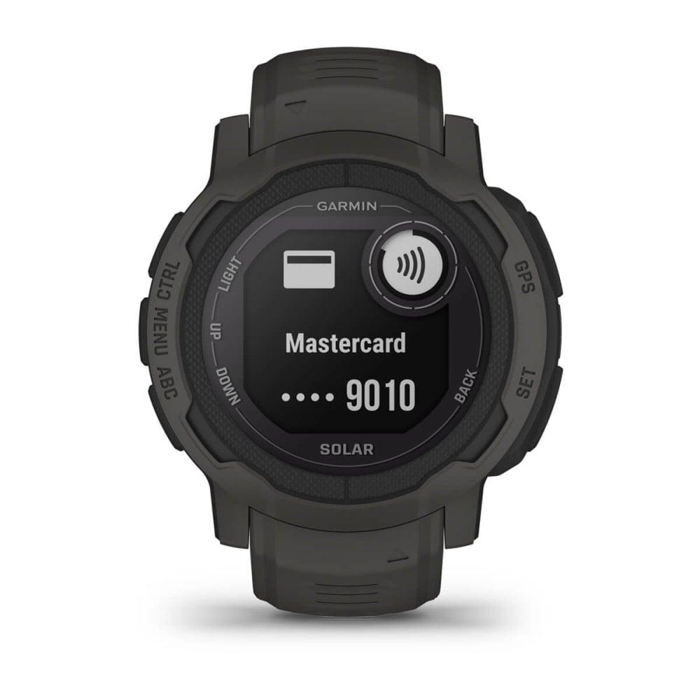 Garmin Instinct 2 Solar smartwatch displaying a contactless payment option for Mastercard.