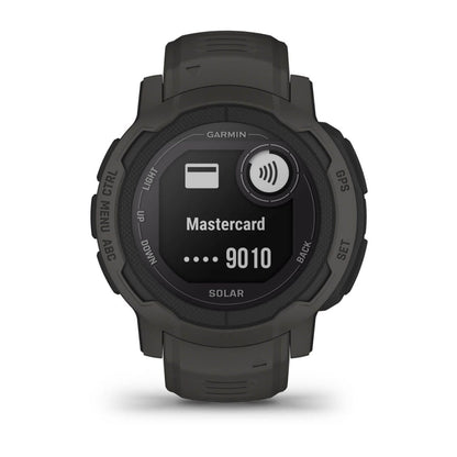 Garmin Instinct 2 Solar smartwatch displaying a contactless payment option for Mastercard.