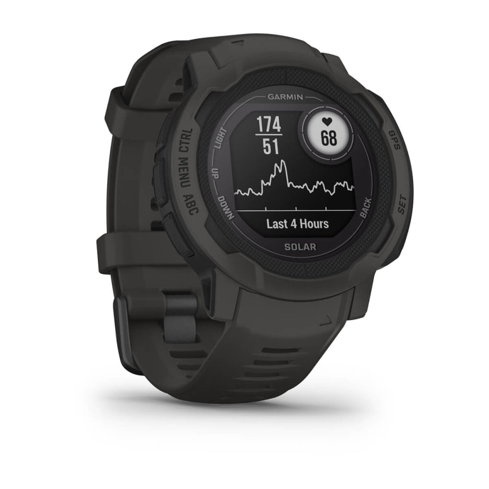 Garmin Instinct 2 Solar smartwatch displaying heart rate and activity data on a black screen with a green strap.