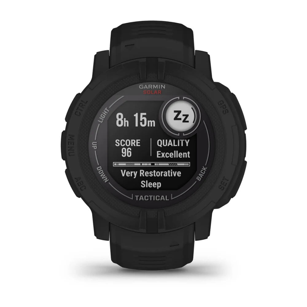 Garmin Instinct 2 Solar Tactical Edition displaying sleep data with a score of 96 and quality marked as excellent.