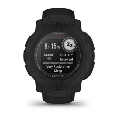 Garmin Instinct 2 Solar Tactical Edition displaying sleep data with a score of 96 and quality marked as excellent.