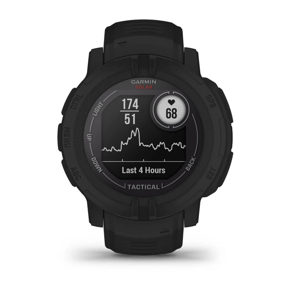 Garmin Instinct 2 Solar Tactical Edition smartwatch displaying heart rate and activity data on a black screen.