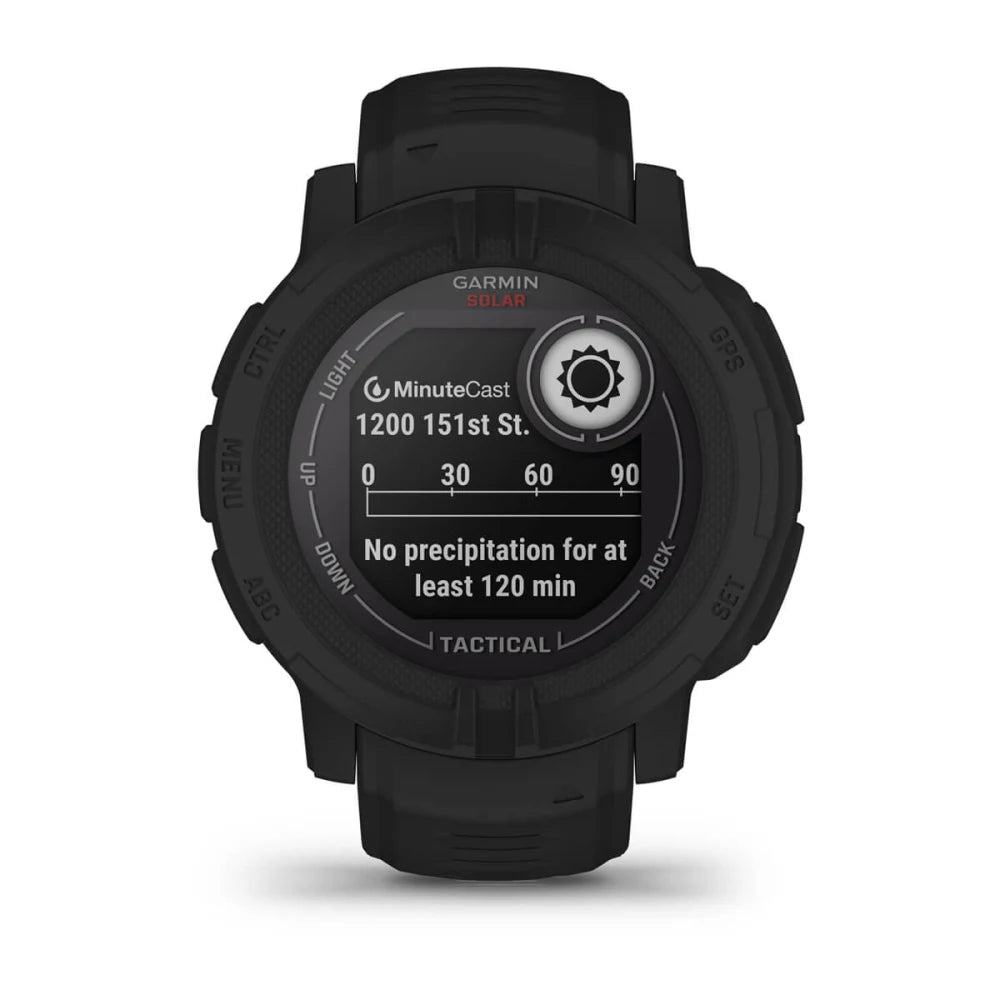 Garmin Instinct 2 Solar Tactical Edition smartwatch displaying weather information with a black strap and tactical features.