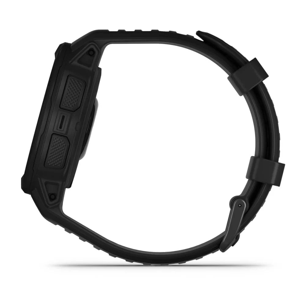 Garmin Instinct 2 Solar Tactical Edition smartwatch displayed from the side, showcasing its rugged design and buttons.