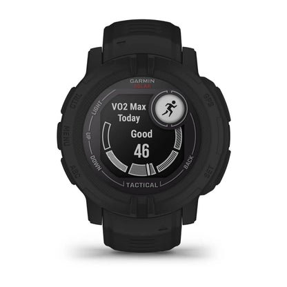 Garmin Instinct 2 Solar Tactical Edition smartwatch displaying VO2 Max data with a score of 46, featuring a black rugged design.