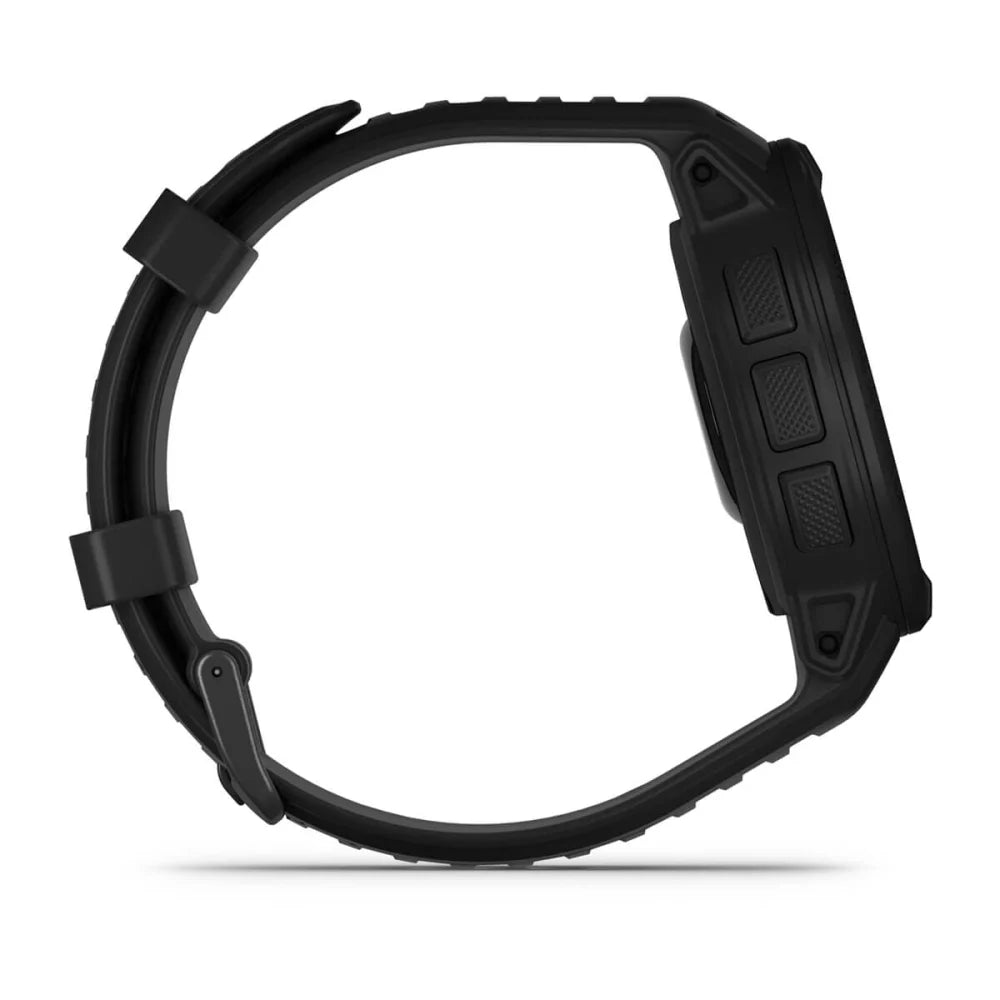 Side view of the Garmin Instinct 2 Solar Tactical Edition smartwatch, showcasing its rugged design and buttons.