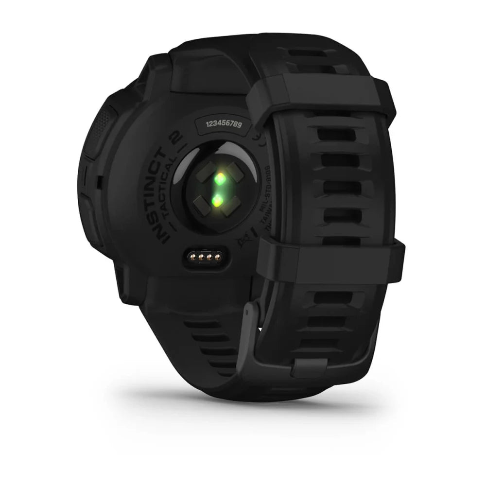 Garmin Instinct 2 Solar Tactical Edition smartwatch, showing the back with sensor and charging contacts.