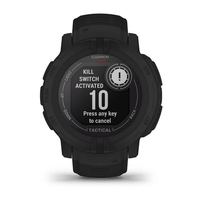 Garmin Instinct 2 Solar Tactical Edition smartwatch displaying a 'Kill Switch Activated' message with a countdown timer.